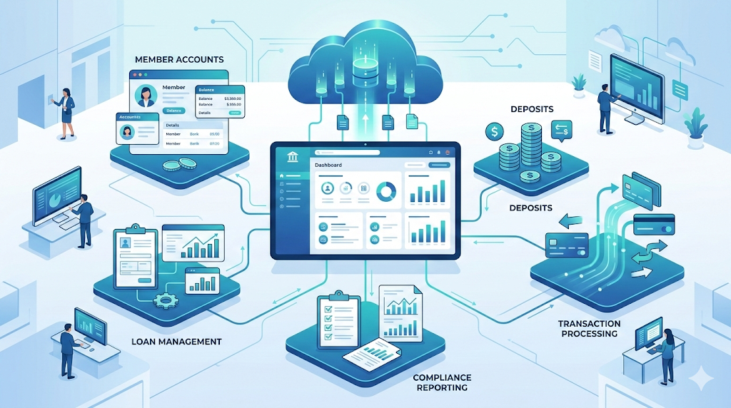 Cloud-based core banking software for credit unions managing loans deposits and member accounts